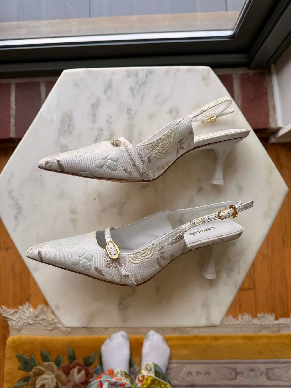 Larroude x Markarian White Embroidered Slingback Heels with Gold Buckles